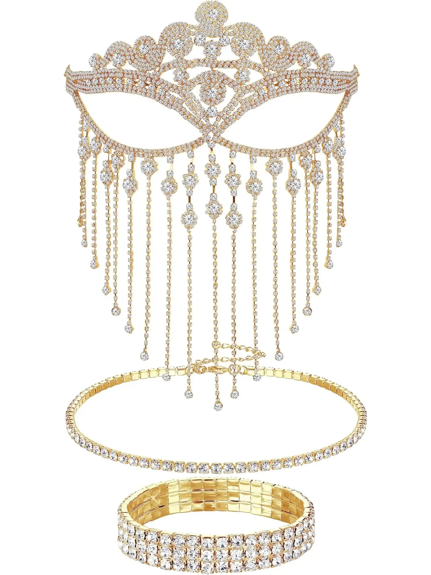Gorgeous 3 Pcs Golden Brilliant Masquerade Mask Jewelry Set Alloy Costume Jewelry Set for Women Men Wedding Bridal Bride Prom Bling Sparkly Glitter Jewelry Formal Elegant Fancy Rhinestone Accessories Choker Necklace Bracelet Face Chain Wedding Sets
