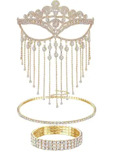 Gorgeous 3 Pcs Golden Brilliant Masquerade Mask Jewelry Set Alloy Costume Jewelry Set for Women Men Wedding Bridal Bride Prom Bling Sparkly Glitter Jewelry Formal Elegant Fancy Rhinestone Accessories Choker Necklace Bracelet Face Chain