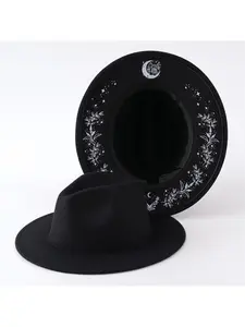 Cross-border gothic elements hand-painted moon rose decoration niche medieval mystery woolen top hat cowboy hat felt hat