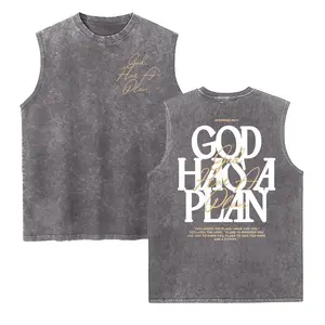 Retro Washed Vest Double Sided Printed 230 Pure Cotton'GOD HAS A PLAN' Letter Print Men's Casual ComfortableFashionable Street Style Cotton Distressed FestiveMenswear Tops slightly cropped shirt men
