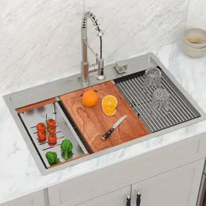 Logmey 33x22 Inch Drop In Kitchen Sink Single Bowl T304 Stainless Steel Brushed Workstation Sink with Faucet Hole,Cutting Board, Colander