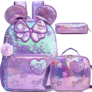 Cute Pink Sequin Kids' Backpack Bundle, Shiny Ears School Bag Set for Children