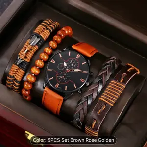 5pcs Men's Fashion Business Casual Watch Set - Quartz Timepiece with Orange Faux Leather Strap & Brown Beaded Bracelets, Non-Waterproof, Alloy Case, Watch Accessories