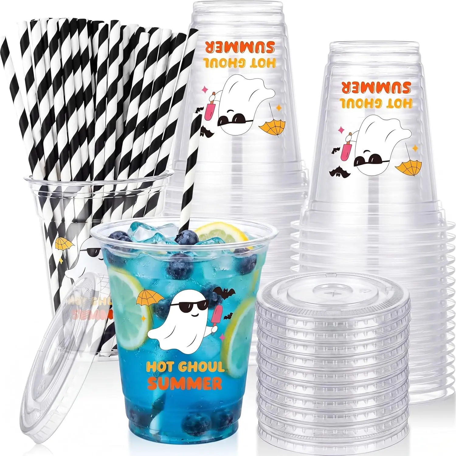 Halloween Fall Gift 60 Pcs  Party Disposable Plastic Cups with Straws 12oz Cute Ghost Clear Party Cups with Lids Hot Summer Ghoul Halloween Drinking Glasses Supplies for Birthday BBQ Bachelorette Pool