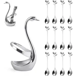 Stainless Steel Silver Creative Dinnerware Set – Decorative Swan Base Holder with 12 Leaf Spoons for coffee, fruit, dessert stirring/mixing, sugar, ice cream, cake teaspoons (Silver)