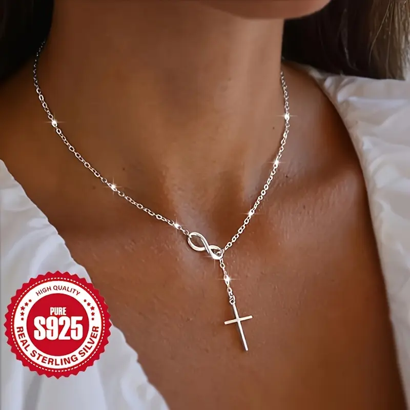 Luxurious S925 sterling silver infinite luck 8-shaped cross pendant necklace - hypoallergenic, timeless classic style, perfect for daily wear, vacation, and Christmas gifts, elegant design, shining luster