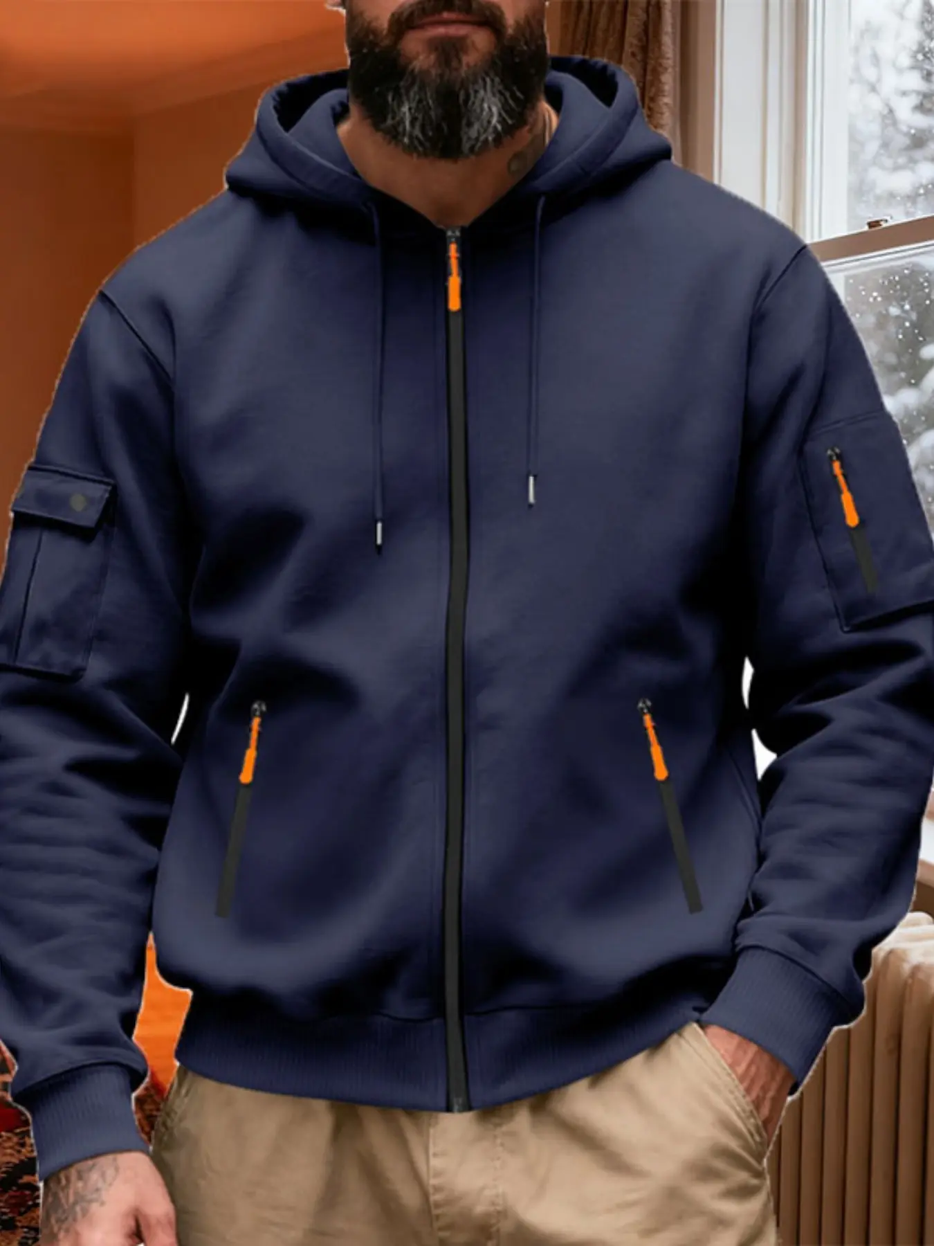 Men's Lightweight Fleece Lined Warm Jacket Hooded Outerwear, Casual Windproof Zipper Long Sleeve Golf Jacket with Multiple Pockets
