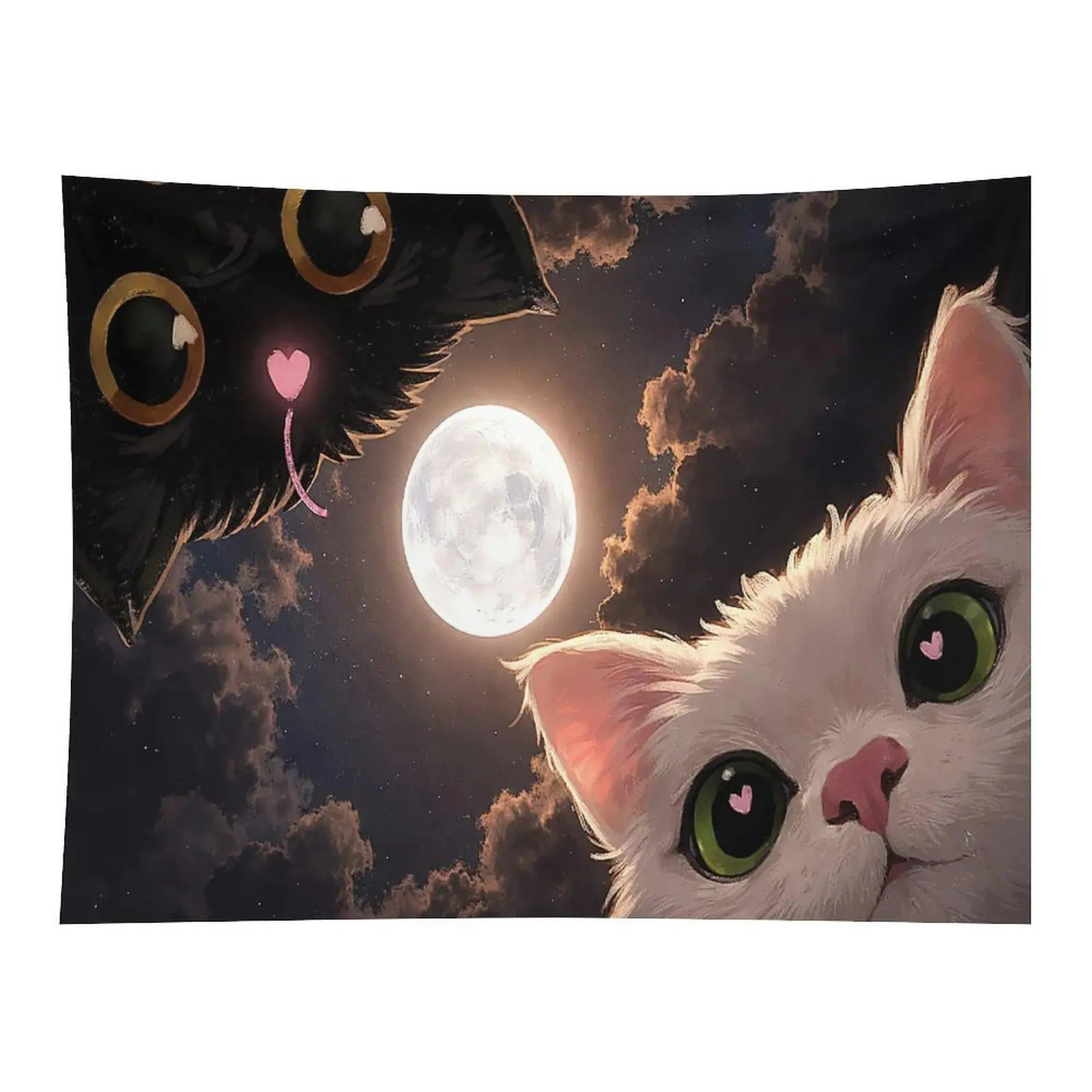 Cute Cats Moon Tapestry Black White Kitty Night Sky Wall Hanging, Kawaii Cat Lover Tapestry for Bedroom Decor