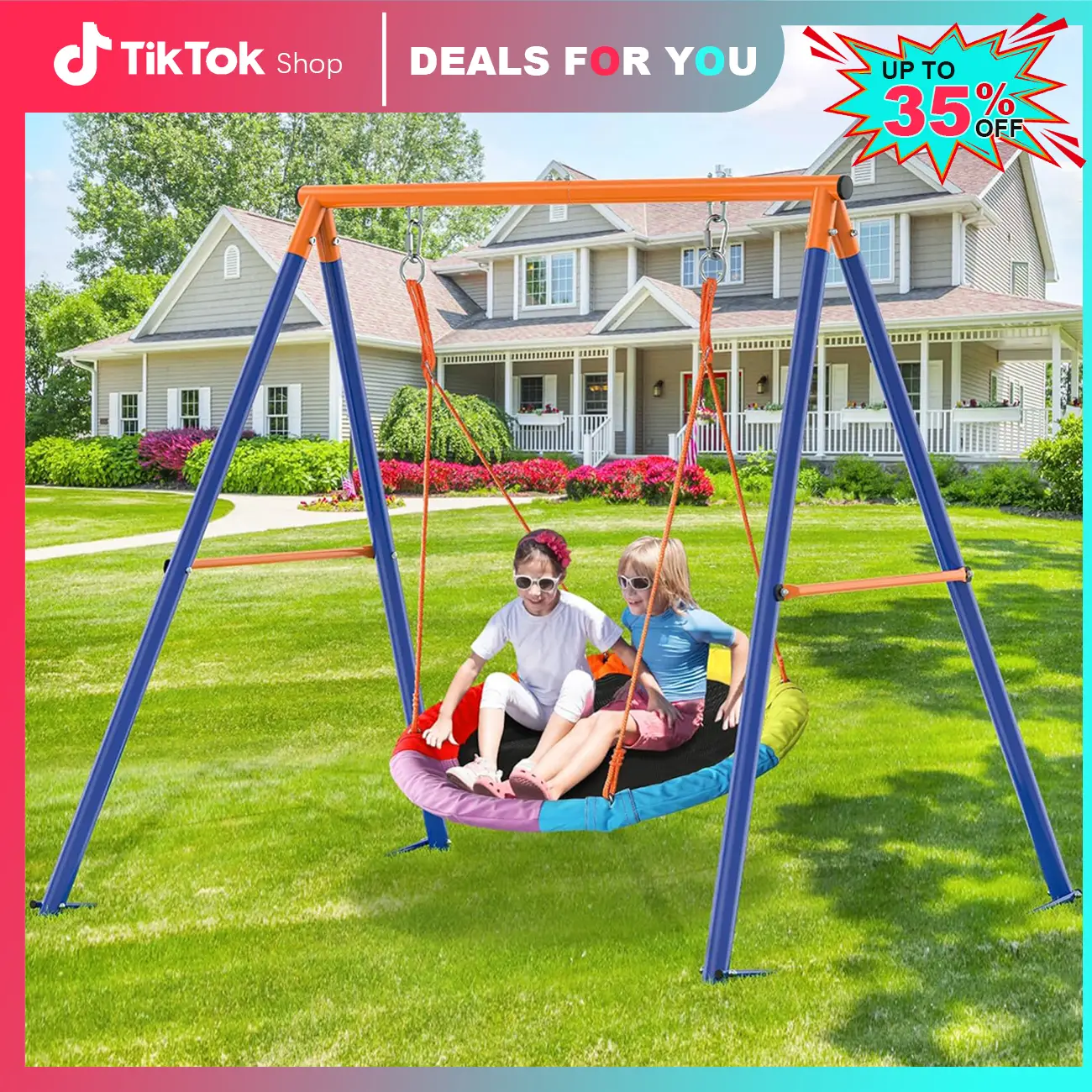 Swing Sets for Backyard, 440lbs Swing Set with Heavy-Duty Metal Frame and Adjustable Ropes, Waterproof for Round Swing for Backyard Park