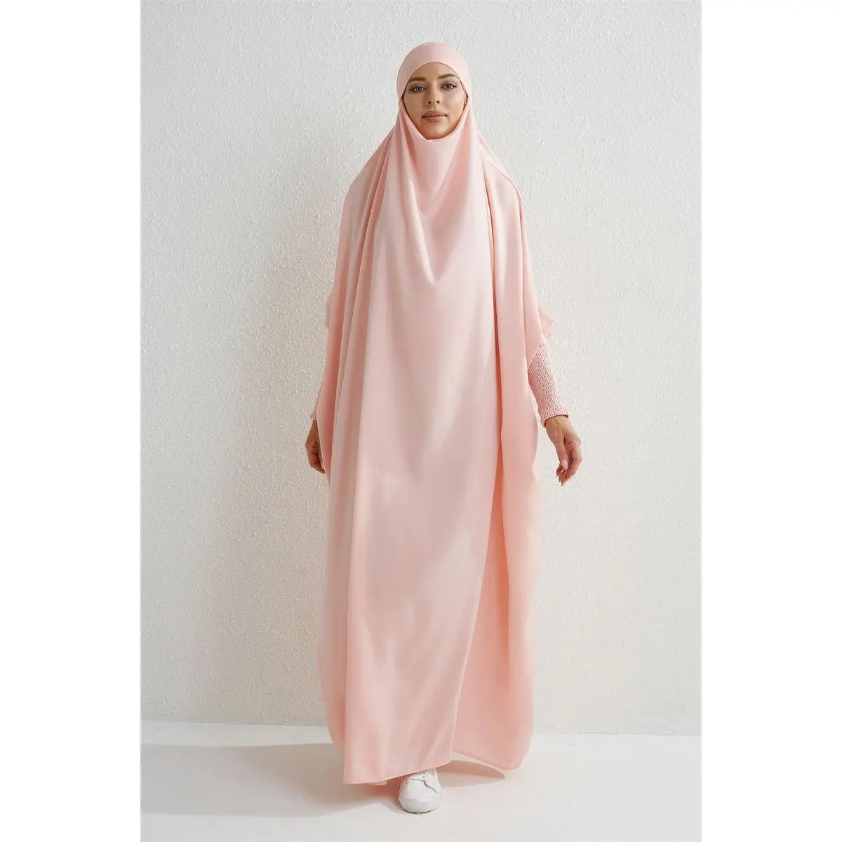 Muslim Abaya Hooded Smocking Sleeve One-piece Prayer Dress Women Jilbab Islamic Clothing Dubai Saudi Black Robe Turkish Modesty