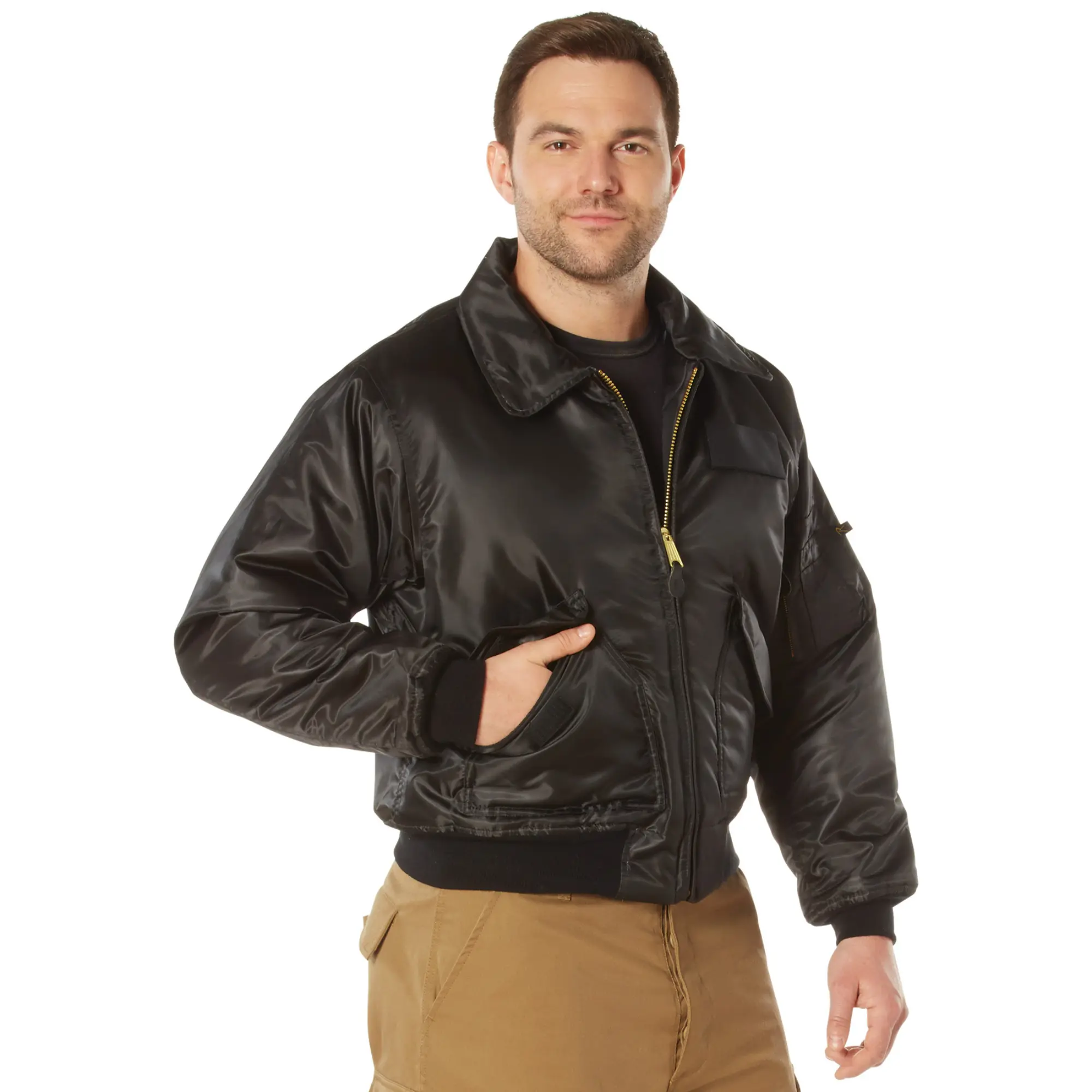 Men's Classic Black CWU-45P Long-Sleeve Flight Jacket - Nylon Shell Casual Plain Coat with Warm Liner, Badge Detail, Utility Pockets, Polyester Accents, Leather Trim, Functional Zippers (Mens Long Sleeve Tops)