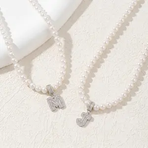 Gold Initial Necklace for Women, Dainty Pearl A-Z Letter Pendant with Crystal, Personalized Name Jewelry Gift for Her, Initial Necklaces