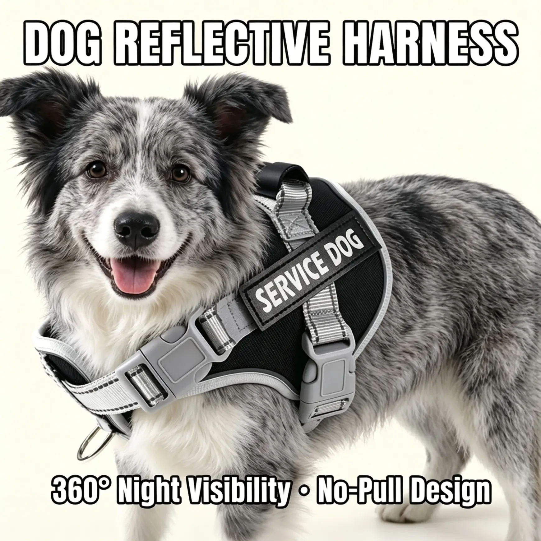 No Pull Service Dog Harness with Handle, Reflective Adjustable Dog Vest for Walking Running Training, Breathable Mesh Pet Harness for Small Medium Large Dogs, Heavy Duty D-Ring & Removable Patches, Reflective Strip Harness, Durable Reflective Harness
