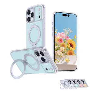 For iPhone 17 16 15 14 13 12 Pro Max Glitter Case with Rotation Stand, MagSafe Magnetic Bling Sparkle Phone Case with Kickstand Slim Shockproof Protective Case