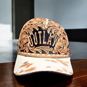 Outlaw Distinctive Tooled Leather & Cowhide Cap Stylish Blend of Textures for Everyday Wear Unique Design Perfect for Casual Wear