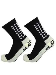 1 pair of men's striped crew socks, anti slip and shock-absorbing grip socks comfortable football breathable socks, outdoor striped sports football socks, breathable and anti slip silicone bottom training team socks