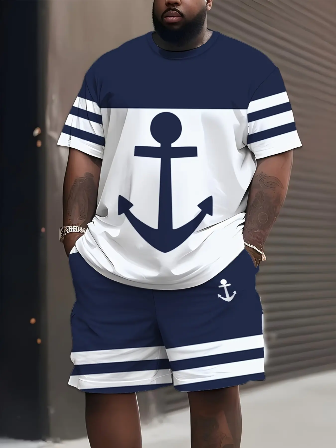 Men's Nautical Anchor Pattern Matching Set, Blue Striped Short Sleeve Tee and Shorts, Casual Loose-Fit Knee-Length