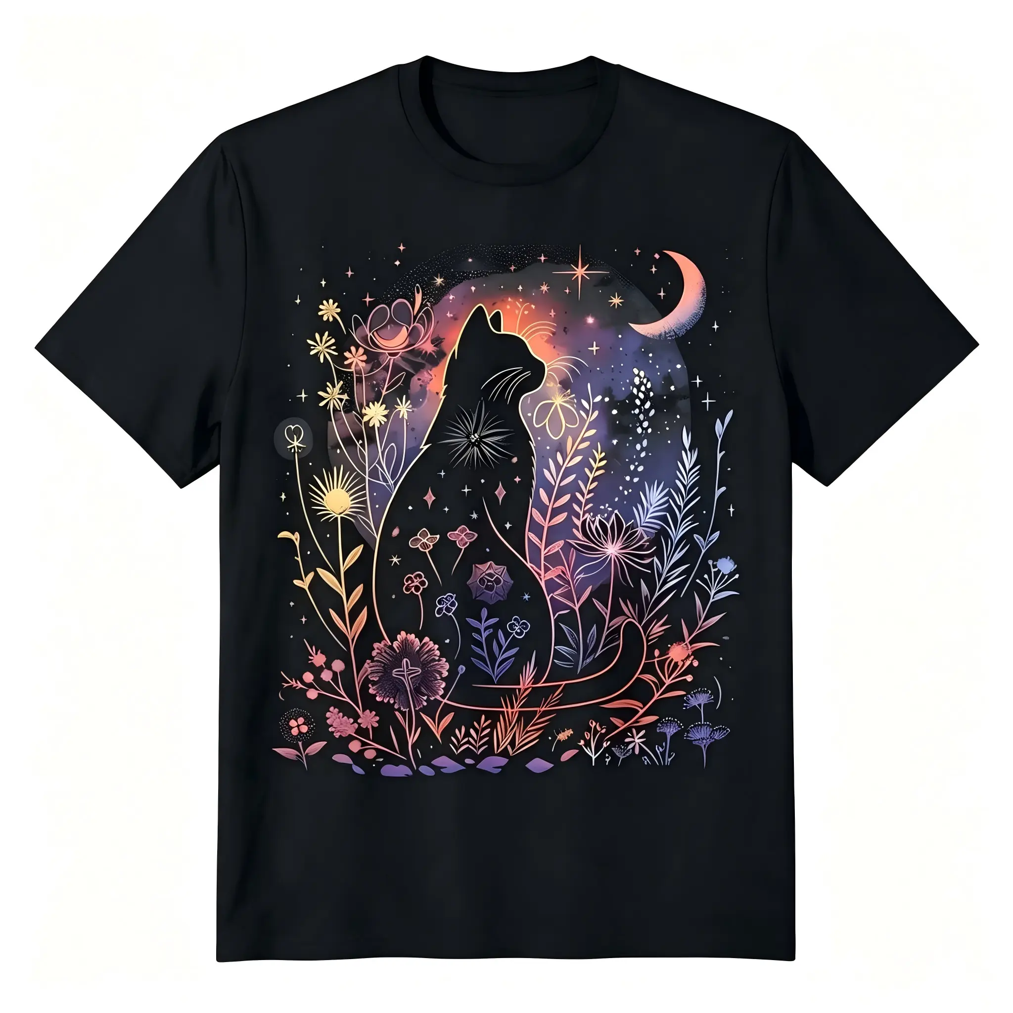 Mystical Black Cat Wildflower Crescent Moon Unisex T-Shirt for Men & Women - Starry Night Celestial Tee, Soft Cotton Crew Neck Short Sleeve, Perfect for Daily & All-Season Wear, Whimsical Magic Aesthetic Gift, Machine Washable