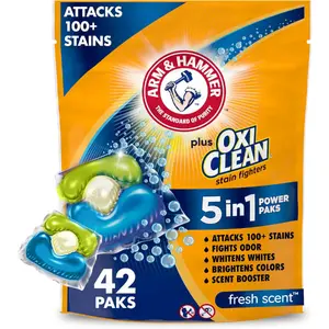 ARM & HAMMER Plus OxiClean 5-in-1 Laundry Detergent Power Paks 42 Count Fresh Scent Concentrated Stain Remover for Clothes