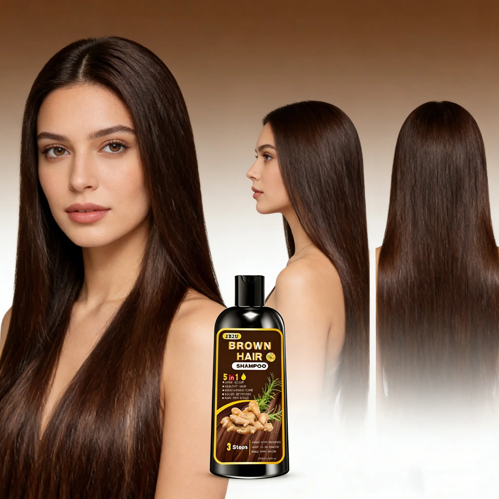 5-in-1 Plant Extract Dark Brown Hair Dye Shampoo With ginger, rosemary & black sesame, cleanses while dyeing, gentle gray coverage, Covers grey hair, color-locking repair, smooth shiny hair, for all hair types, men & women, easy to use & rinse