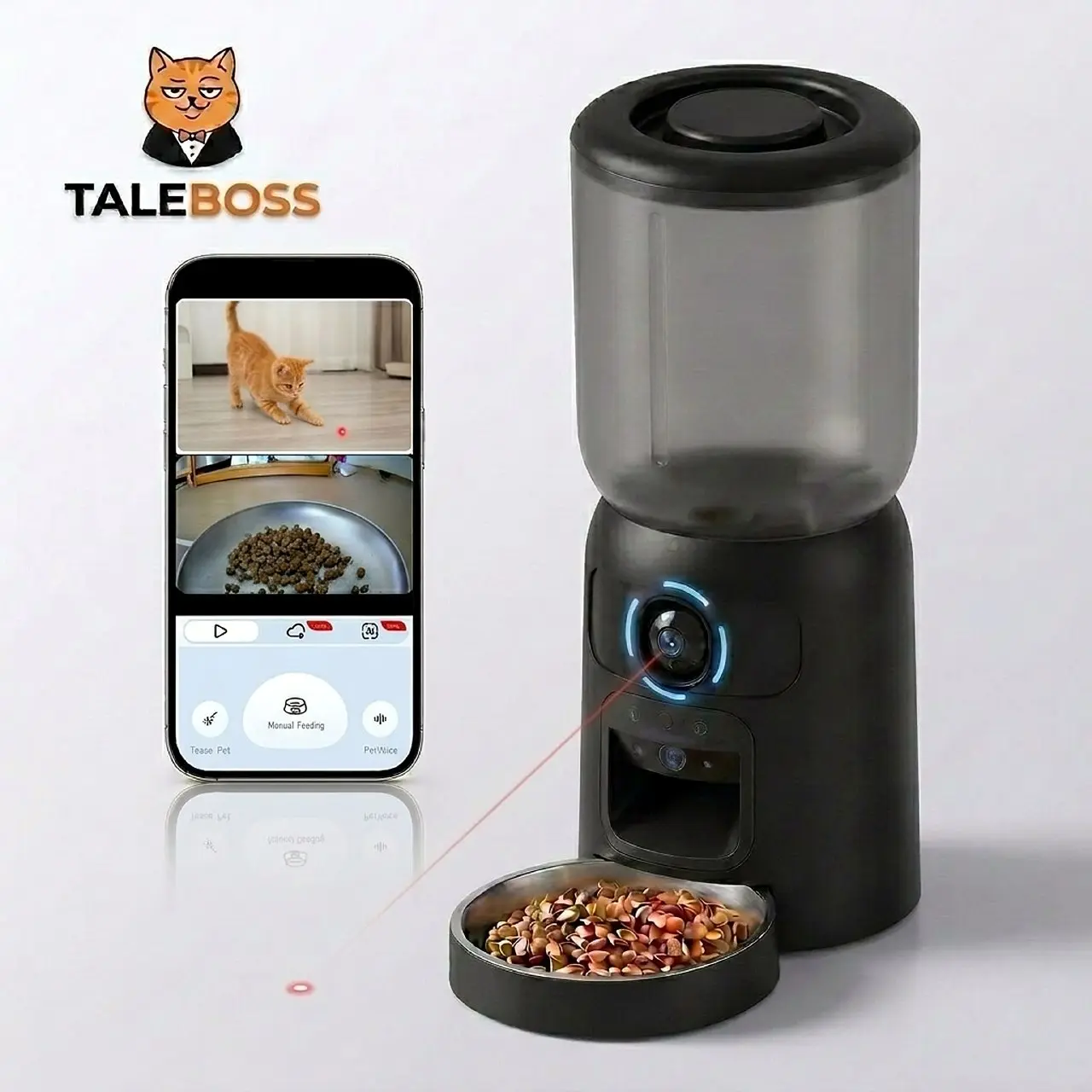 Taleboss Smart 3-in-1 App-Controlled 6L Battery-Powered Automatic Cat Feeder with Power Supply, HD Camera Monitoring, Infrared Laser Kitty Toy, 2-Way Audio, Night Vision for Home Remote Feed & Food Storage (Indoor Cats)