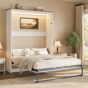 [Ships in 2 Boxes]AMERLIFE Murphy Bed with LED Light, Farmhouse Foldable Wall Bed with Charging Station & Gas Struts, Space-Saving Hidden Bedframe for Guest Room, Bedroom & Home Office