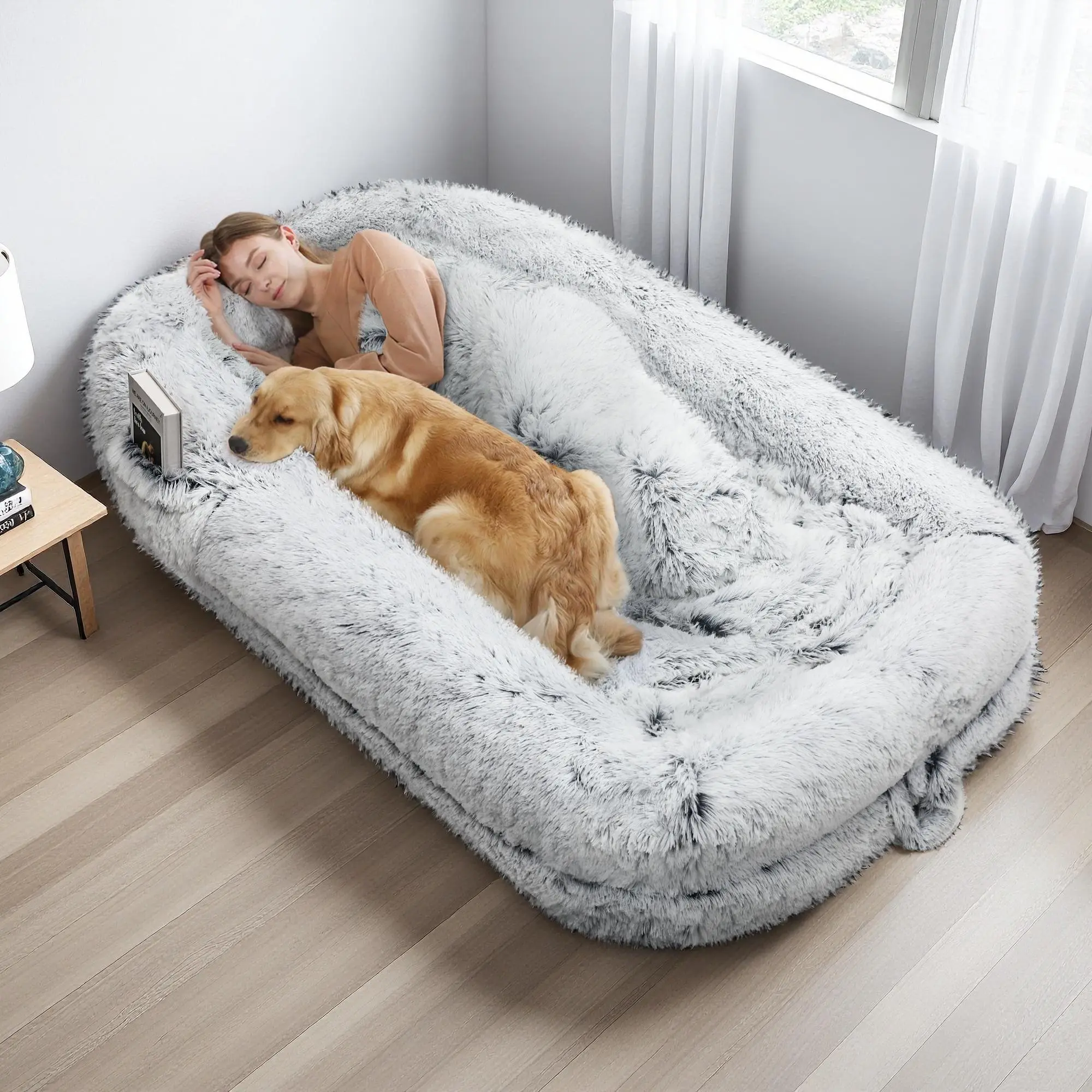 Summerwins Extra Large Durable Memory Cotton Human Dog Bed for Adults, 75in Long - Machine Washable Polyester Faux Fur Cover, Watersafe Liner, Stable Bolster, Convenient Carry Handles, 24h Expand Setup Modern Indoor Furniture