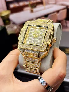 Unisex Two-Tone Fully Iced-Out Wristwatch | Crystal Paved Case & Band, Square Design, Date Window, Luxury Watch for Hip Hop, Gala & Special Occasions