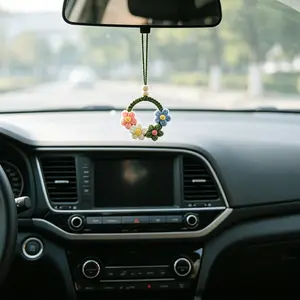 Crochet Flower Car Hanging Ornament, Boho Rearview Mirror Charm, Handmade Knitted Floral Car Decor