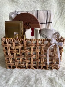Cozy Breakfast Wedding Gift Basket With Rattan Organiser Set. Wooden Gift Basket Kit for Wedding Gift, Anniversary Gift, Housewarming Gift. Breakfast Set for gifting, including chocolate, mug sets, and coffee.