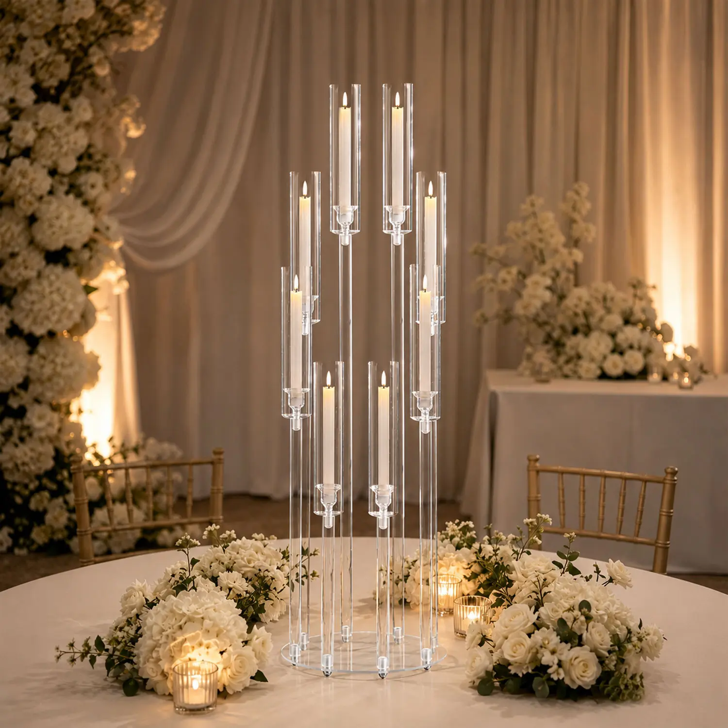 VINCIGANT 8 Arm Clear Candlesticks Holder for Wedding Decorations Tall Acrylic Candelabra Candle Holder with Shade for Valentines Day Events Party Table Centerpiece