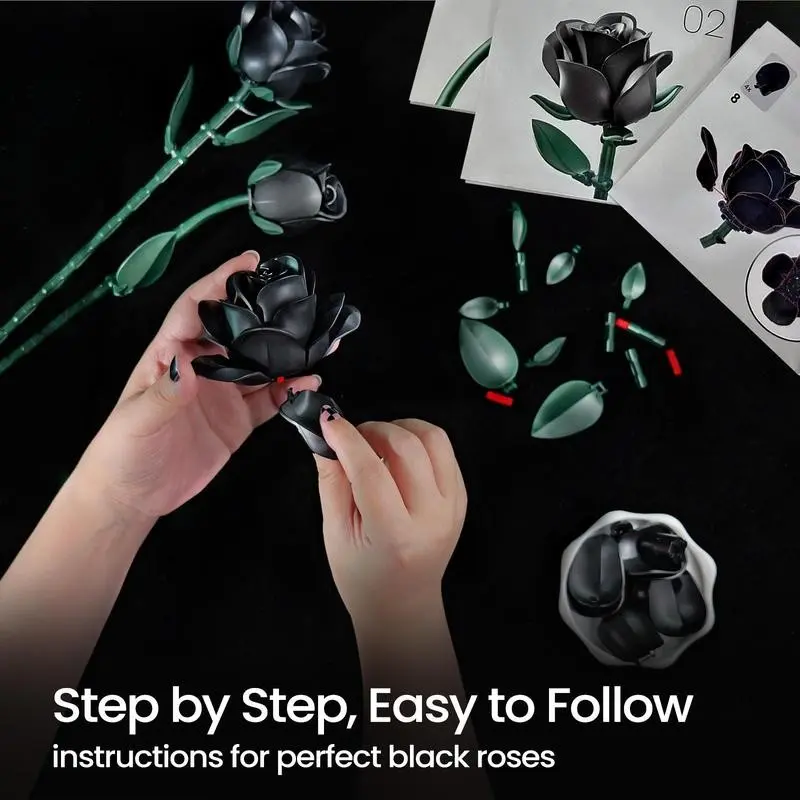 Black Rose Bouquet Building Block Set - 3-Piece Set, Faux Artificial Flower Toy, Gothic Aesthetic Romantic Black Rose Bouquet Building Block Set - 3-Piece Set, Faux Artificial Flower Toy, Gothic Aesthetic Romantic