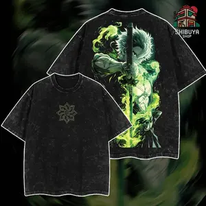 [Shibuya] Sanemi Green Slash x Demon Slayers - Neon Blade Energy on Washed Tee, demon slayer infinity castle, Unisex Oversize Anime Manga Acid Washted Heavyweight Cotton Tshirt, Anime Merch, Gift for anime fan Clothes Oversized anime merch R68