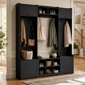ARCH VIBE HAUS 79.1''Wide Modern Hall Tree with Shoe Storage, 4-in-1 Entryway Bench with 8 Cubbies, 7 Coat Hooks & Adjustable Shelf for Hallway, living room, Black   WL RR