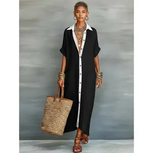 Ocean Style Boho Oversized Shirt Dress - Perfect for Beach, Vacation & Brunch! Contrast Trim Button Down Casual Loose Dress #     ShirtDress #     OversizedDress #     ButtonDownDress #     ContrastTrim #     SummerDress #     BohoFashion #     MidiDress