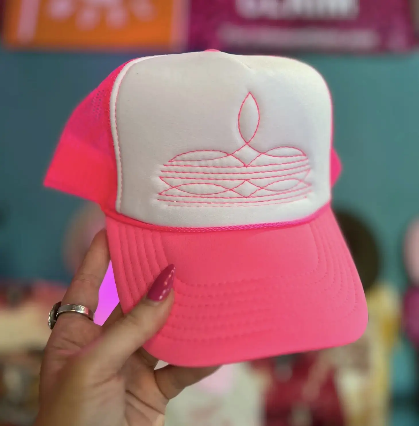 Boot Stitch Embroidered/Design Trucker Hat - Western Style Cap with Cushioning and Adjustable Closure for Men and Women