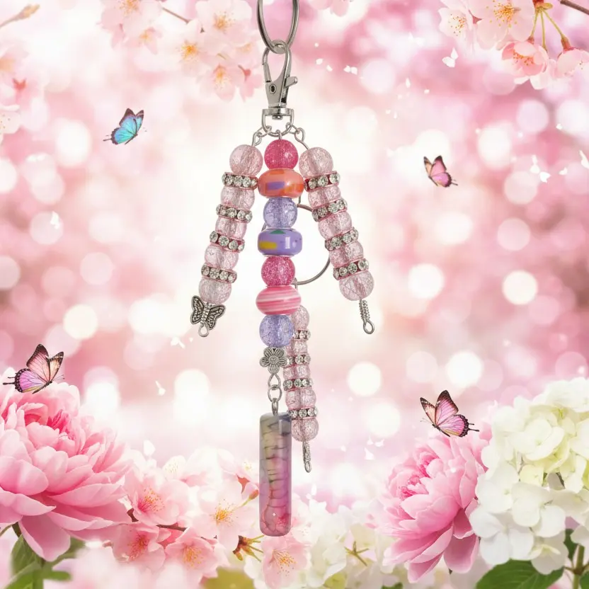 Hand Made Beaded Keychain with Butterfly Charm and Colorful Beads - Crafted Key Accessory