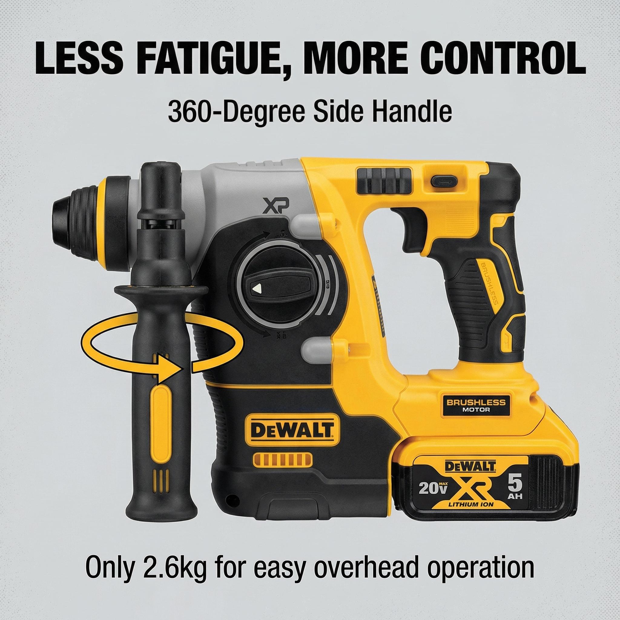 Dewalt DCH273 20V Brushless Rotary Hammer Kit – 2.4J Impact Energy for 4-12mm Concrete Drilling – 360° Auxiliary Handle & Variable Speed (0-4600 BPM)
