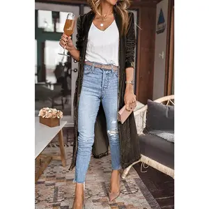 Green Velvet Elegant Pocket Open Front Long Cardigan