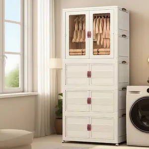 Stackable Storage Bins with Wheels – Folding Plastic Storage Cabinet with Magnetic Door, Organizer for Closet, Bedroom, Kitchen & Dorm