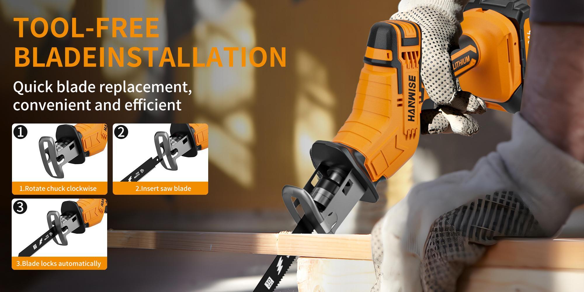 Reciprocating Saw, Electric Saw with Charger And Battery, 20V Power Saws, Variable Speed from 0 to 3500 SPM, Tool-Free Blade Replacement, Includes 4 Blades for Cutting Wood, PVC