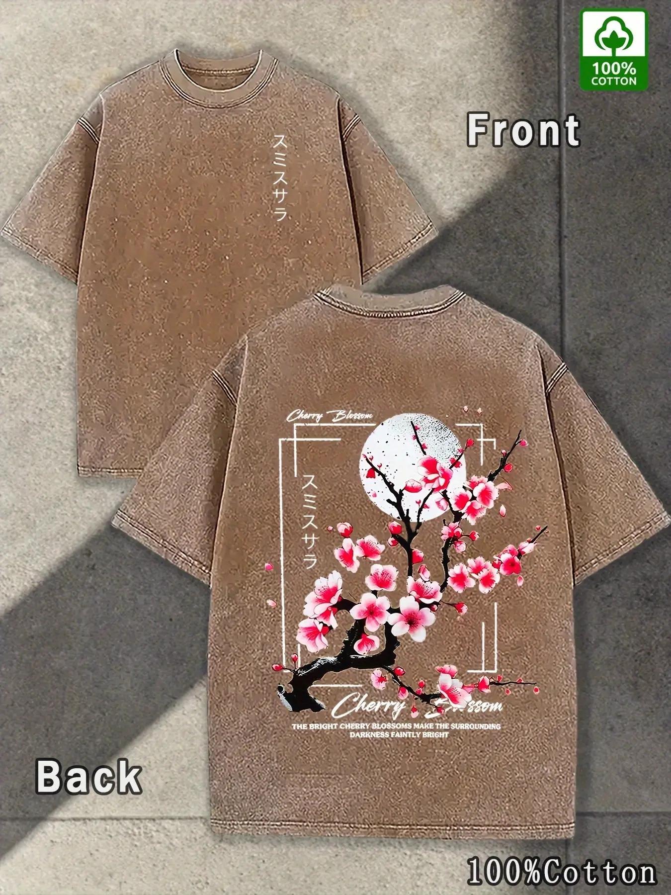 Men's 100% Washed Round Neck Short Sleeve Streetwear T-Shirt, Loose Knit Fabric with Cherry Blossom & Japanese Lettering Print, Fashion Casual Weekend Wear Pink Unisex Graphic Acid Wash Menswear Top tiktokshopspringglowup,summervibes Menswear Tops