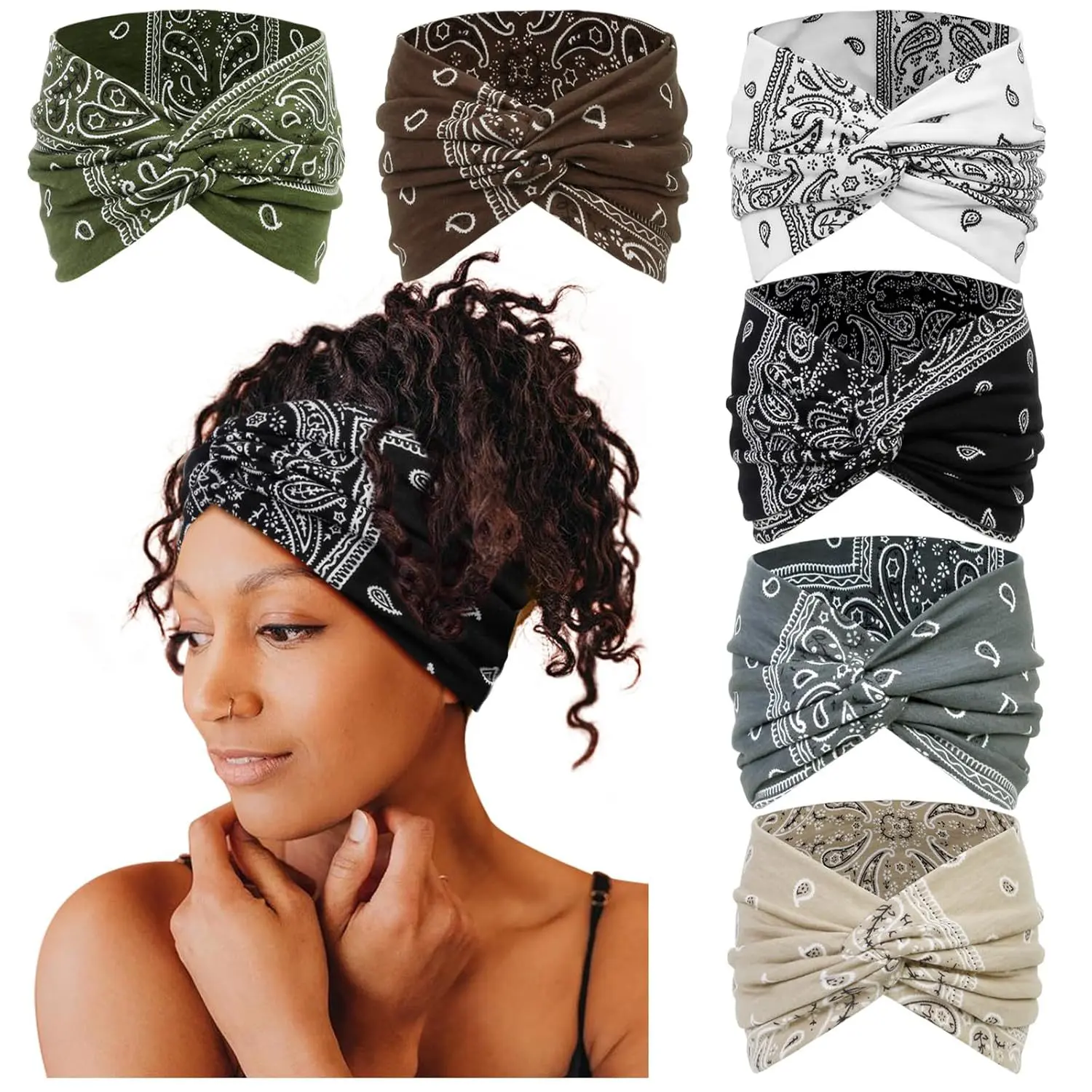 Women's 6-Piece Wide Band Knotted Sports Headbands - Breathable, Chic, Bohemian Hair Braid Headband Bandanas,  Running, Knotted Headband Zigzagheadband
