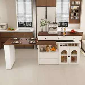 Kitchen Island with Extendable & Rotating Table, MDF with Walnut Veneer Retro Design, 4 Drawers & Glass Door Cabinets with Built-in Socket, Expandable Dining Station for 2-4 Person