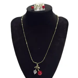 16inch Chain with Cherry Pendant and Matching Cherry Earrings - Gold Necklace Set