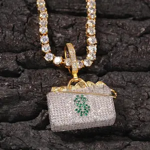 [ICE HUE]18K Gold Vacuum Plated Copper with 5A+ Sri Lanka Zircon US Dollar Money Bag Pendant with Necklace Miami Italy Mexico & Micro Inspired for Women & Men Luxury Jewelry,Daily Wear,Casual Fashion,Gift Idea,,Classic,Hip Hop,Simple,Sporty Style