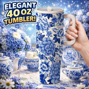 1pc 40oz Stainless Steel Insulated Tumbler with Handle, Blue Floral Print Travel Mug with Lid, Large Capacity Vacuum Cup for Water Coffee Tea, Reusable Portable Car Cup for Home Office Outdoor Use, Elegant Gift for Women Moms Friends