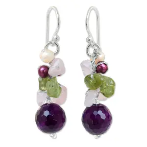 NOVICA Artisan Handmade Cultured Freshwater Pearl Rose Quartz Cluster Earrings .925 Sterling Silver Peridot Multigem Green Multicolor Beaded Dangle Thailand Birthstone 'Princess Legend'