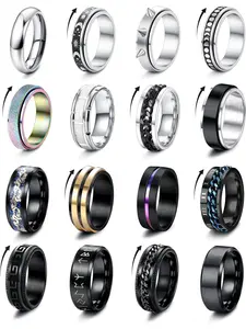 16 Pcs Mens Rings Silver Black Stainless Steel Stress Relief Anti Fidget Anxiety Ring Spinner Band Spinner Rings Wedding Engagement Promise Men's Rings Set Size O-Z1/2