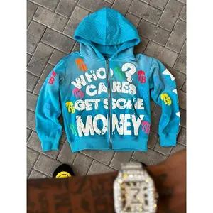 zip up hoodie with bold who cares get some money graphic and colorful palm logo prints trendy streetwear jacket